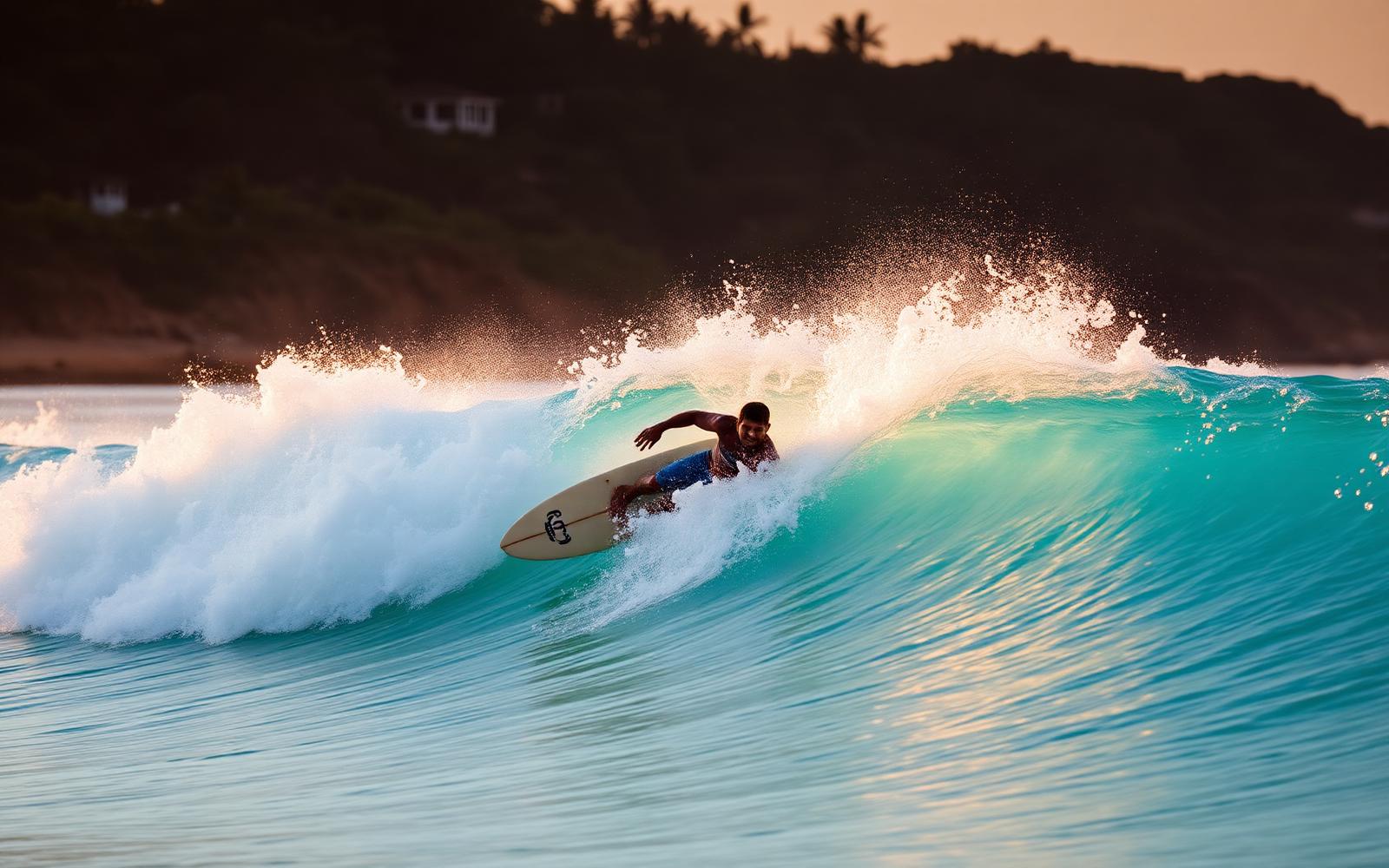 Surfer riding a wave at sunrise in Ahangama